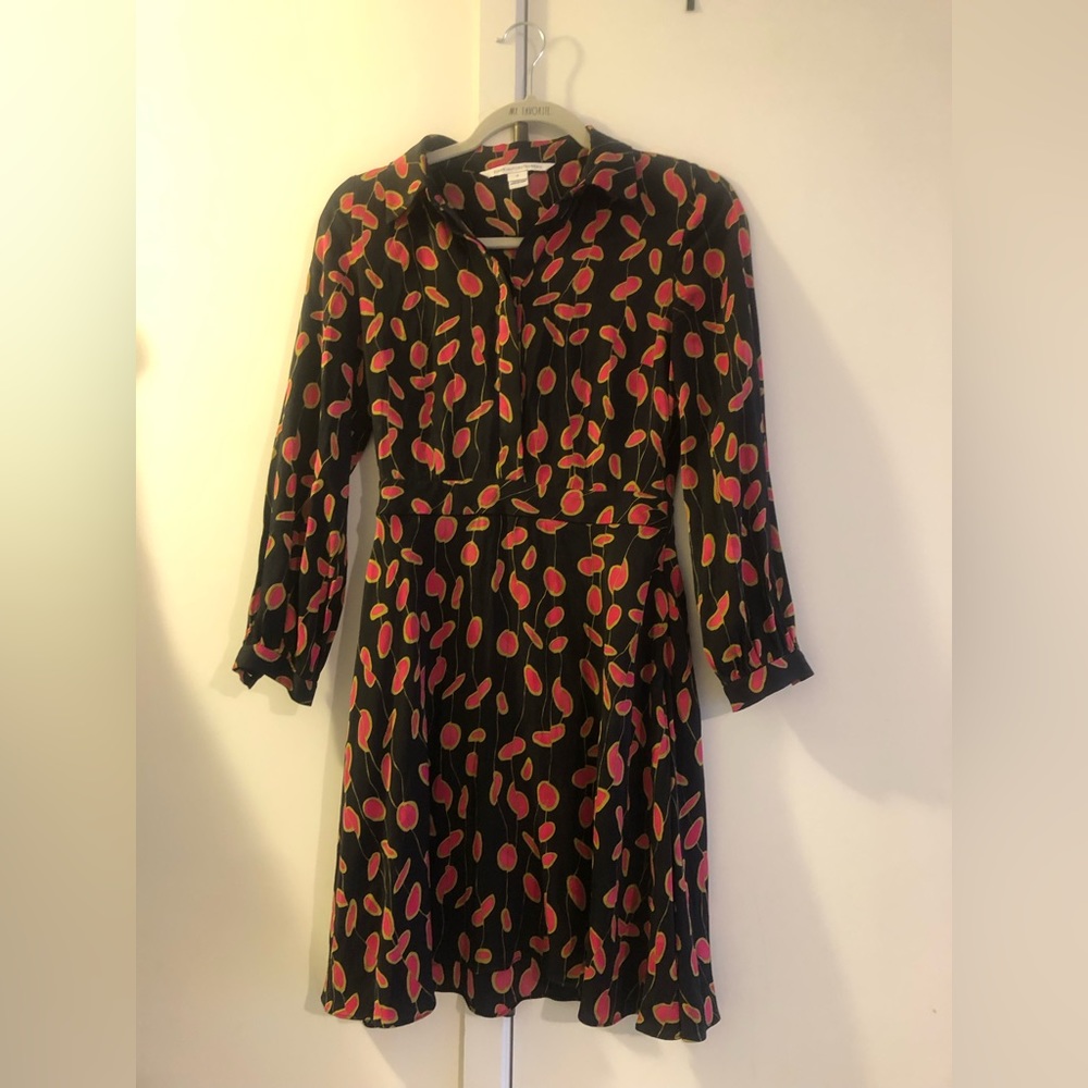 DVF silk dress with abstract falling leaves print, size 0